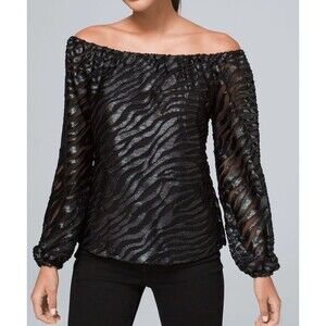 WHBM White House Black Shimmer Off-The-Shoulder‎ Blouse burnout animal print SM